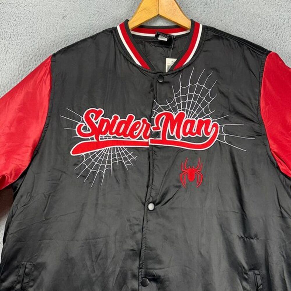 Marvel‎ Spiderman Bomber Jacket Mens 2X Big Black Red Colorblock Snap Button NEW